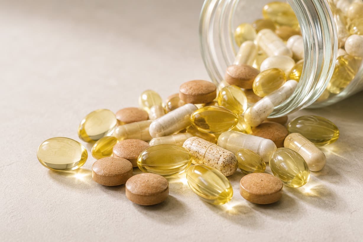 Cápsulas y comprimidos de suplementos saliendo de un frasco